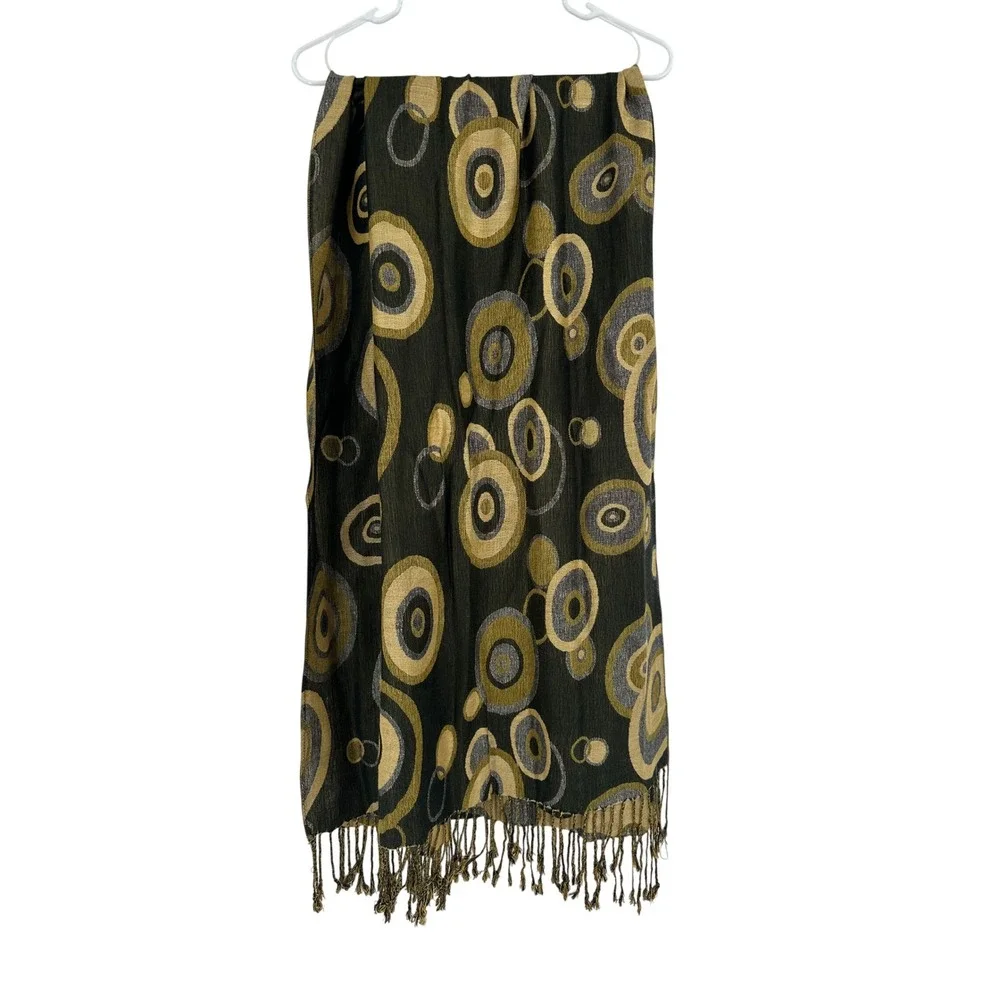 Pashmina Silk Blend Scarf Olive Green Gold Geometric Circle Print Fringe Wrap